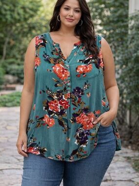 Market & Spruce Teal Floral Button-Front Sleeveless Top